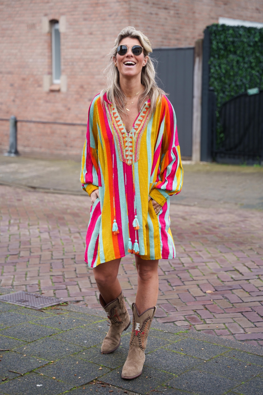 Jurk Yasmina Geel-Blauw