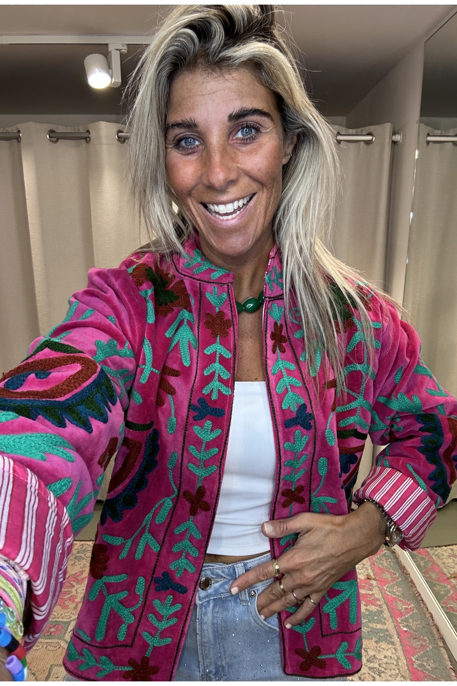 Jacket Velvet Flower Donkerfuchsia