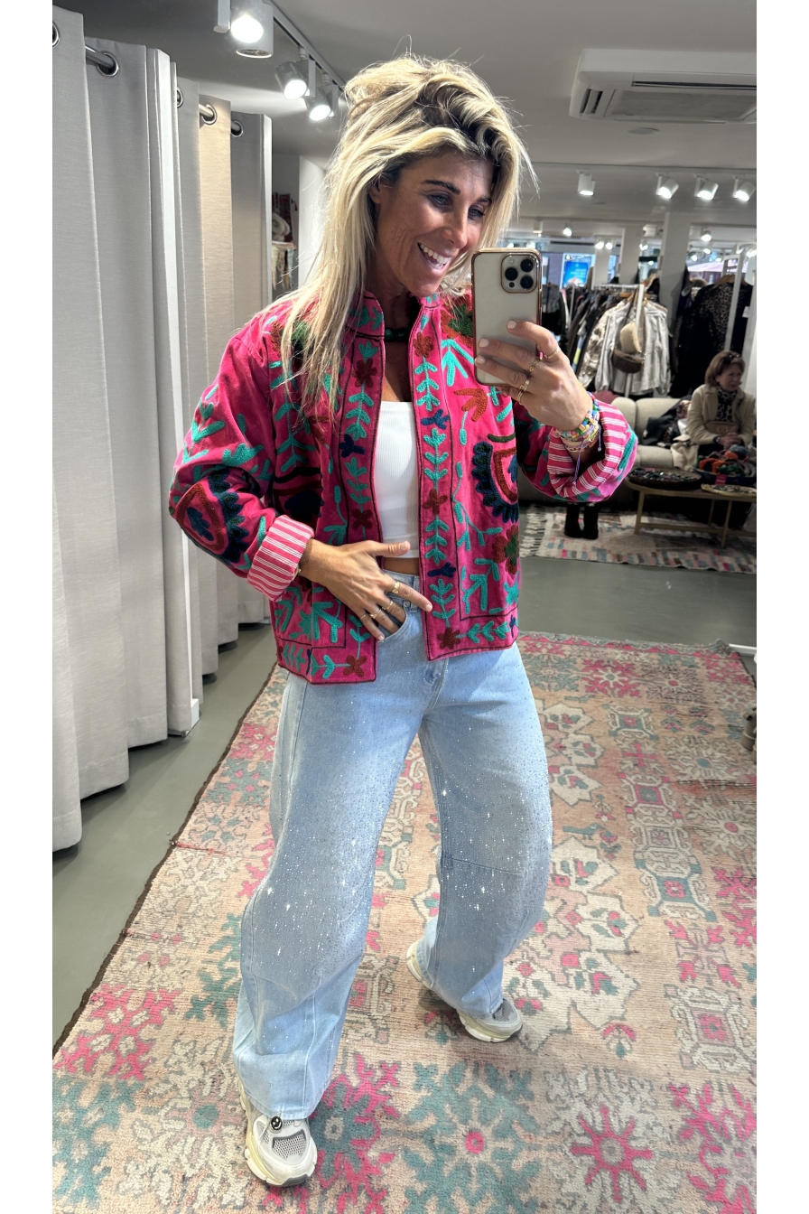 Jacket Velvet Flower Donkerfuchsia