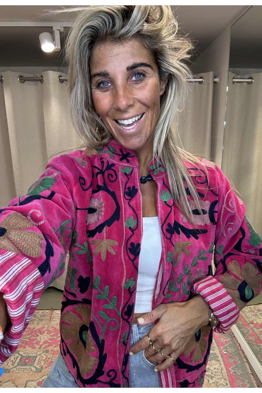 Jacket Velvet Flower Donkerroze