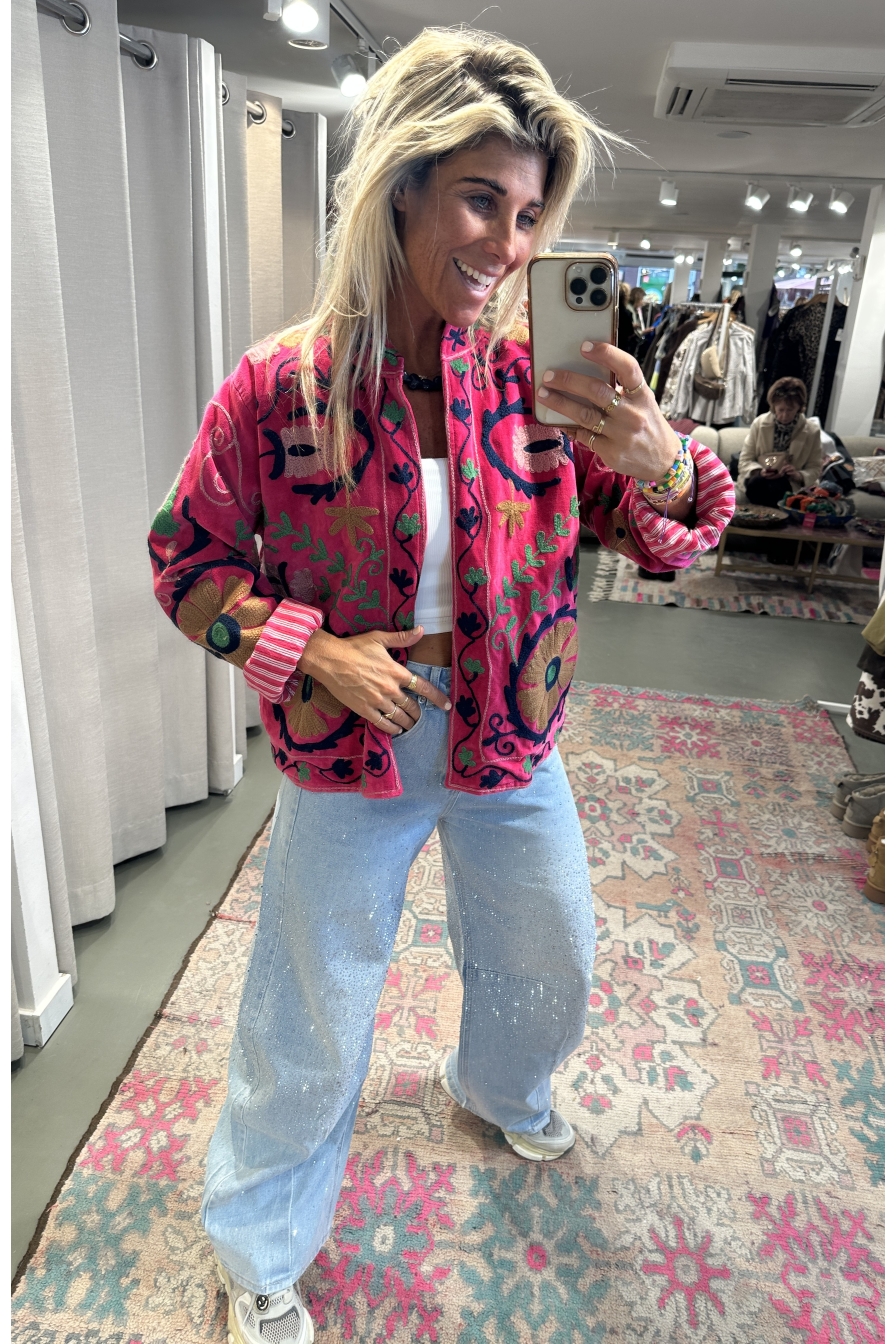 Jacket Velvet Flower Donkerroze